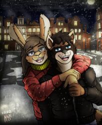  anthro black_hair blue_eyes brown_eyes brown_hair buckteeth clothed clothing coat duo ear_piercing ear_ring female fully_clothed hair hand_holding hi_res hug hugging_another hugging_from_behind lagomorph leporid lights looking_at_viewer male male/female mammal moon night oneflymagpie piercing procyonid rabbit raccoon ring_piercing sara_finch scarf smile snow teeth tongue topwear town winter 