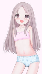  arms_behind_back blue_panties bow bow_panties bra commentary cowboy_shot female flat_chest grey_eyes grey_hair highres long_hair looking_at_viewer mismatched_underwear navel open_mouth original panties pink_bra print_panties shooko smile solo training_bra underwear underwear_only 