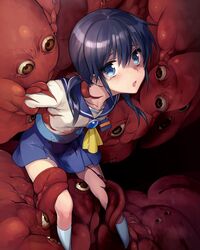  black_hair blue_eyes blue_sailor_collar bound corpse_party female highres kisaragi_academy_school_uniform looking_at_viewer nameplate ninomotonino official_art open_mouth peed_self restrained sailor_collar school_uniform shinozaki_ayumi short_hair skirt socks solo source_request tears twintails urine white_socks 