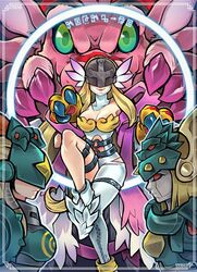  3girls angel_wings angewomon animal_hands bare_shoulders belt blonde_hair breasts claws cleavage clothing_cutout commentary covered_eyes digimoji digimon digimon_(creature) dragon english_commentary evolutionary_line facing_viewer gloves green_eyes head_wings helmet helmet_over_eyes holydramon large_breasts leg_belt leg_up lipstick long_hair looking_at_viewer makeup multiple_girls ofanimon ofanimon_falldown_mode paw_gloves paw_pose sinobali smile stomach_cutout tailmon wings zipper 