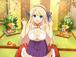  :d ahoge ankle_socks bamboo_shoot bell blonde_hair blue_eyes blue_ribbon branch breast_curtains breasts cleavage decorations female flower folding_screen groping_motion hair_ribbon hand_fan hands_up hanging_scroll kadomatsu katsuragi_(senran_kagura) kneeling large_breasts long_hair looking_at_viewer neck_bell new_year non-web_source official_art open_mouth origami paper_crane plant purple_skirt red_flower ribbon scroll senran_kagura senran_kagura_new_link skirt smile socks sparkle tatami yaegashi_nan 