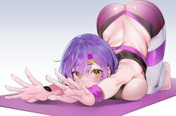  absurdres ass bare_shoulders barefoot blush breast_press breasts cat_stretch commentary_request female full_body hair_ornament highres large_breasts looking_at_viewer original outstretched_arms purple_hair short_hair sideboob solo stretching sweatband teddy_(khanshin) top-down_bottom-up wristband yellow_eyes yoga_mat yura_(teddy) 