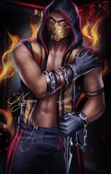  1boy barely_clothed chains detailed_background hanzo_hasashi hood jacket male_only mask masked mortal_kombat muscular muscular_male netherrealm_studios scorpion_(mortal_kombat) serious_look solo_male tagme trouser veradia 