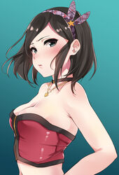  bare_shoulders black_choker black_eyes black_hair black_trim blue_background blush breasts choker cleavage collarbone commentary crop_top female from_side gradient_background hair_ornament hairband highres idolmaster idolmaster_cinderella_girls idolmaster_cinderella_girls_starlight_stage jewelry looking_at_viewer medium_breasts midriff murabito_c navel necklace no_eyewear parted_lips plaid_hairband purple_hairband saejima_kiyomi short_hair simple_background solo star_(symbol) star_hair_ornament strapless tube_top upper_body 