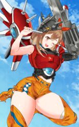  ;d absurdres arm_cannon armor arms_up artcetona atelier_(series) atelier_ryza blue_choker blue_sky blush boots breasts brown_eyes brown_hair choker cloud commentary cosplay day digimon female floating hair_between_eyes hair_ornament hair_ribbon highres large_breasts looking_at_viewer mask mask_on_head mecha_musume mechanical_wings midriff_peek navel one_eye_closed open_mouth orange_footwear orange_shorts pun red_armor red_ribbon reisalin_stout ribbon rizegreymon rizegreymon_(cosplay) short_hair short_shorts shorts sidelocks single_bare_shoulder sky smile solo teeth thick_thighs thigh_boots thighhighs thighhighs_under_boots thighs upper_teeth_only weapon white_thighhighs wings 