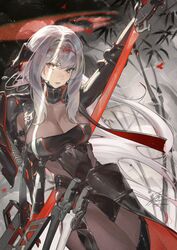  arm_up armor bamboo black_armor black_bodysuit black_footwear bodysuit breasts cleavage fadingz female film_grain goddess_of_victory:_nikke grey_background grey_hair hair_ribbon halo headgear high_heels highres holding holding_sword holding_weapon large_breasts long_hair looking_at_viewer parted_lips red_ribbon ribbon scabbard scarlet_(black_shadow)_(nikke) scarlet_(nikke) sheath shoulder_armor sidelocks solo standing sword weapon 