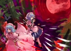  2girls apron bamboo bamboo_forest bat_wings black_footwear blood blue_dress blue_eyes blue_hair bow braid commentary_request dress forest frilled_apron frilled_shirt frilled_shirt_collar frilled_skirt frilled_sleeves frills full_moon hairbow hat hat_ribbon imperishable_night izayoi_sakuya kaigen_1025 medium_hair mob_cap moon multiple_girls nature pink_headwear pink_shirt pink_skirt puffy_short_sleeves puffy_sleeves red_eyes red_moon red_ribbon remilia_scarlet ribbon running shirt short_sleeves skirt skirt_set sleeve_bow sleeve_ribbon socks touhou waist_apron wavy_hair white_apron white_shirt white_socks wings 