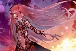  bare_shoulders black_eyes black_skirt body_markings breasts fate/grand_order fate_(series) female gradient_sky hair_between_eyes heterochromia highres long_hair looking_at_viewer navel orange_sky purple_sky red_hair skirt sky small_breasts solo sunset twilight typhon_ephemeros_(fate) very_long_hair yellow_eyes yubeshi_(zecxl) 