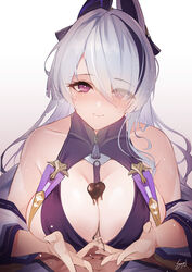  1boy azur_lane bare_shoulders black_hair blush breasts candy chocolate chocolate_on_body chocolate_on_breasts cleavage closed_mouth collarbone commentary eyes_visible_through_hair female fingernails food food_on_body gradient_background grey_hair hair_over_one_eye heart heart-shaped_chocolate highres large_breasts looking_at_viewer multicolored_hair purple_eyes sea_nami signature smile straight streaked_hair unzen_(azur_lane) 