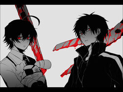  2boys :x :| a-ya_(shuuen_no_shiori) bad_id bad_pixiv_id bandaged_ear bandages blazer blood boxcutter button_eyes buttons closed_mouth collared_jacket collared_shirt color_connection commentary_request crossover earphones expressionless eyepatch greyscale hair_between_eyes hair_color_connection holding holding_stuffed_toy jacket kagerou_project kisaragi_shintarou la_shinako letterboxed looking_at_viewer looking_to_the_side male_focus monochrome multiple_boys necktie open_clothes parted_lips partially_unzipped popped_collar red_eyes school_uniform scissors shirt short_hair shuuen_no_shiori_project simple_background spot_color stuffed_animal stuffed_rabbit stuffed_toy t-shirt track_jacket upper_body v-neck 