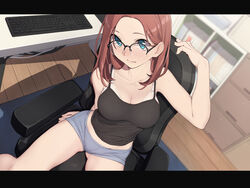  bare_arms bare_shoulders black-framed_eyewear black_camisole blue_eyes blush bra breasts brown_hair brown_hair_girl_(nagioka) camisole carpet chair closed_mouth collarbone computer_keyboard female glasses grey_shorts highres indoors large_breasts long_hair looking_at_viewer looking_up nagioka office_lady original over-rim_eyewear semi-rimless_eyewear shorts sitting solo table underwear white_bra wooden_floor 