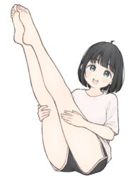  1ssakawaguchi absurdres barefoot black_eyes black_hair black_shorts blunt_bangs blush dolphin_shorts feet female full_body hands_on_own_thighs highres ichika_(1ssakawaguchi) kneepits legs legs_up open_mouth original shirt short_hair short_shorts short_sleeves shorts simple_background sitting smile soles solo teeth toes upper_teeth_only white_background white_shirt 