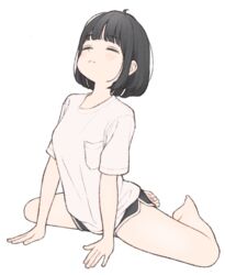  1ssakawaguchi =_= absurdres arm_support bare_legs barefoot black_shorts blush bob_cut breasts closed_eyes dolphin_shorts female highres ichika_(1ssakawaguchi) medium_breasts original shirt short_sleeves shorts simple_background solo spread_legs stretching white_background white_shirt 