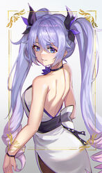  a-soul absurdres ava_(a-soul) backless_dress backless_outfit bare_arms bare_back bare_shoulders black_choker black_sash blue_eyes breasts choker commentary_request dress female ginyasama gradient_background grey_background grin highres long_hair looking_at_viewer medium_breasts purple_hair sash sleeveless sleeveless_dress smile solo twintails upper_body very_long_hair virtual_youtuber white_dress 