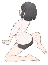  1ssakawaguchi absurdres arm_support bare_legs barefoot black_hair black_shorts bob_cut closed_eyes dolphin_shorts feet female from_behind full_body highres ichika_(1ssakawaguchi) original shirt short_hair short_shorts short_sleeves shorts simple_background sitting soles solo spread_legs stretching t-shirt white_background white_shirt 