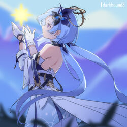  backless_dress backless_outfit bare_back bare_shoulders blue_hair commentary_request cowboy_shot dark_hound_3 detached_sleeves dress female gloves griseo hair_ornament highres honkai_(series) honkai_impact_3rd long_hair purple_eyes solo standing very_long_hair white_dress white_gloves 