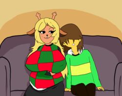  antlers big_breasts breasts cuddling deltarune duo female freckles furniture hi_res holding_stomach horn kris_(deltarune) male noelle_holiday pregnant pregnant_female sleeping_on_partner sofa teztaz time_skip undertale_(series) yellow_body yellow_skin yellow_wall 