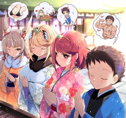  1boy 3girls alternate_costume animal_ears apron bikini black_bikini blonde_hair breast_conscious breasts cat_ears closed_eyes commentary_request cropped_torso drooling ear_covers earrings eating facial_mark flexing floral_print floral_print_kimono fur-trimmed_kimono fur_collar fur_trim grey_hair heart highres imagining japanese_clothes jewelry kimono large_breasts long_hair looking_at_another low_twintails multiple_girls muscular muscular_male mythra_(xenoblade) naked_apron new_year nia_(blade)_(xenoblade) nia_(xenoblade) otoko_no_ko own_hands_together pasties praying print_kimono pyra_(xenoblade) red_eyes red_hair rex_(xenoblade) short_hair shrine smile star_pasties sunlight swimsuit tearing_up tears thought_bubble tiara twintails watsuki_ayamo wavy_mouth whisker_markings xenoblade_chronicles_(series) xenoblade_chronicles_2 yellow_eyes 