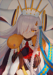  absurdres ascot black_cape black_gloves bomberca309 braid breasts cape closed_mouth commentary fate/grand_order fate_(series) female fur-trimmed_headwear fur_trim gloves hair_ornament hair_over_one_eye hand_on_own_chest hat highres horns large_breasts long_hair long_sleeves olga_marie_animusphere one_eye_covered red_ascot side_braid simple_background single_horn solo u-olga_marie very_long_hair white_background white_hair white_hat yellow_eyes yellow_horns 