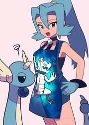  :d apron black_choker blue_eyes character_print choker clair_(pokemon) commentary_request cowboy_shot dragonair druddigon earrings eyelashes female gem gloves grey_background hair_between_eyes hand_on_own_hip highres jewelry long_hair open_mouth pearl_(gemstone) pokemon pokemon_(creature) pokemon_hgss ponytail smile squiggle tyako_089 