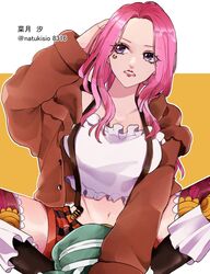  anti-eyebrow_piercing artist_name female highres jewelry_bonney lips lipstick long_hair makeup natsuki_shio one_piece open_mouth pink_hair purple_eyes red_lips sitting solo teeth translated 