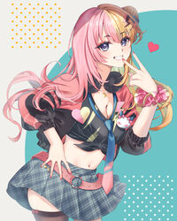  absurdres belt black_jacket black_shirt blonde_hair blue_background blush breasts brown_thighhighs cleavage collarbone female grey_background grey_eyes grey_skirt grin hair_bun headphones headphones_around_neck heart highres jacket kotoka_torahime long_hair long_sleeves looking_at_viewer medium_breasts multicolored_hair nail_polish navel nijisanji nijisanji_en open_clothes open_jacket pink_belt pink_hair pink_jacket plaid plaid_skirt pleated_skirt puffy_long_sleeves puffy_sleeves red_nails shirt single_side_bun skirt smile solo thighhighs tied_shirt tsumetsume_zerii two-tone_background two-tone_hair v very_long_hair virtual_youtuber 