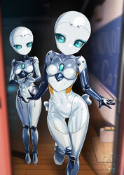  2boys animegao aqua_eyes bodysuit classroom cosplay covered_navel crossdressing highres indoors kigurumi latex latex_bodysuit m00nmmm mask mixed-language_commentary multiple_boys original otoko_no_ko robot_costume shiny_clothes skin_tight standing variant_set 