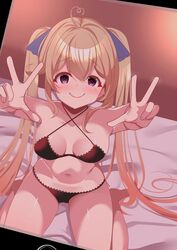  absurdres ahoge attilio_regolo_(azur_lane) azur_lane bare_legs barefoot bed black_bra black_panties blonde_hair blue_eyes bra breasts cellphone cellphone_photo cleavage criss-cross_halter double_w female halterneck highres lingerie looking_at_viewer on_bed origami_aya panties phone sitting smartphone twintails underwear underwear_only w wariza 