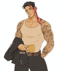  1boy absurdres arm_tattoo bara bare_arms belt black_eyes black_hair black_jacket black_pants blood blood_on_clothes blood_on_face closed_mouth collarbone colored_skin commentary cowboy_shot cup dilfborne_(ventiskull) expressionless gucci hand_in_pocket highres higuruma_hiromi holding holding_cup jacket jujutsu_kaisen looking_ahead male_focus mature_male mug muscular muscular_male pants pectoral_cleavage pectorals short_hair simple_background solo standing suit_jacket symbol-only_commentary tank_top tattoo thick_arms unworn_jacket white_background white_skin white_tank_top 