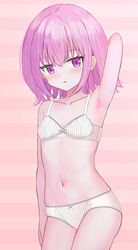  arm_behind_head arm_up armpits blush bow bow_bra bow_panties bra breasts commentary cowboy_shot crotch_seam female highres lace-trimmed_bra lace_trim licking_lips navel original panties pink_background pink_eyes pink_hair shooko short_hair small_breasts solo striped_bra striped_clothes striped_panties tongue tongue_out underwear underwear_only vertical-striped_bra vertical-striped_clothes vertical-striped_panties white_bra 