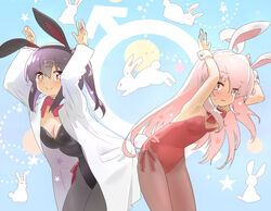  2girls ahoge animal_ears armpits black_hair blush bow bowtie breasts detached_sleeves fake_animal_ears genderswap_(mtf) hair_ornament kyarahiba lab_coat leotard long_hair looking_at_viewer male-female_symbol medium_breasts multiple_girls onii-chan_wa_oshimai! orange_eyes orange_hair oyama_mahiro oyama_mihari pantyhose pink_hair playboy_bunny rabbit rabbit_ears rabbit_pose rabbit_tail rule_63 siblings sisters small_breasts smile strapless strapless_leotard tail twintails wavy_mouth wrist_cuffs 