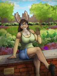  3:4 5_fingers 5_toes anklet anthro big_breasts bottomwear breasts brick_wall clothed clothing cutoffs denim denim_bottomwear denim_clothing detailed_background eyewear feet female fence fingers flip_flops flower footwear fully_clothed fur glasses hi_res jewelry lagomorph leporid looking_at_viewer mammal markings mole_(marking) multicolored_body multicolored_fur oneflymagpie outside park plant rabbit raised_arm sandals sara_crowe sara_finch shirt shorts shoulderless_shirt skyline smile solo tank_top toes topwear tree two_tone_body two_tone_fur wall_(structure) 