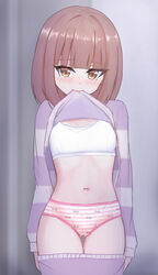  ass_visible_through_thighs blush bob_cut bra breasts brown_eyes brown_hair clothes_in_mouth clothes_lift clothes_pull commentary cowboy_shot crotch_seam female grey_pants grey_shirt highres indoors lifting_own_clothes long_sleeves looking_at_viewer medium_hair mismatched_underwear mouth_hold navel original pajamas panties pants pants_pull pink_panties shirt shirt_in_mouth shirt_lift shooko small_breasts solo standing thigh_gap training_bra underwear white_bra 