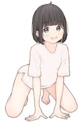  1ssakawaguchi :d absurdres ahoge arm_support bare_legs barefoot black_hair blue_eyes blunt_bangs blunt_ends blush bob_cut collarbone commentary_request dot_nose female full_body hands_on_ground highres ichika_(1ssakawaguchi) kneeling leaning_forward looking_at_viewer no_pants open_mouth original shirt short_hair short_sleeves simple_background smile solo spread_legs straight_hair t-shirt tareme tiptoes toes white_background white_shirt 