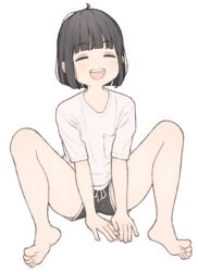  1ssakawaguchi ^_^ absurdres barefoot black_hair black_shorts blunt_bangs breast_pocket closed_eyes commentary_request drawstring facing_viewer feet female full_body highres ichika_(1ssakawaguchi) knees_up legs m_legs open_mouth original paid_reward_available pocket shirt short_hair short_shorts short_sleeves shorts simple_background smile soles solo teeth toes upper_teeth_only white_background white_shirt 