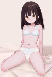  arm_support barefoot bed_sheet blush bow bow_bra bow_panties bra breasts commentary crotch_seam female highres leaning_back light_frown looking_at_viewer medium_hair navel on_bed original panties parted_lips shooko sitting small_breasts solo stomach striped_bra striped_clothes striped_panties underwear underwear_only vertical-striped_bra vertical-striped_clothes vertical-striped_panties wariza white_bra white_panties 