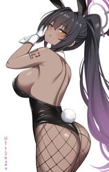  animal_ears ass ass_focus bare_arms bare_shoulders black_hair black_leotard blue_archive blush breasts dark-skinned_female dark_skin fake_animal_ears female fishnet_pantyhose fishnets gloves gradient_hair highres huge_ass karin_(blue_archive) karin_(bunny)_(blue_archive) large_breasts leotard long_hair looking_at_viewer multicolored_hair namu_(112namu) number_tattoo official_alternate_costume pantyhose playboy_bunny purple_hair rabbit_ears rabbit_tail shoulder_tattoo solo strapless strapless_leotard tail tattoo thighs white_gloves yellow_eyes 