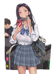  1boy bag black_hair black_mask blue_bow blue_bowtie blush bow bowtie cellphone commentary dark-skinned_female dark_skin diagonal-striped_bow diagonal_stripes faceless faceless_male female fingernails forehead gyaru hamedoragon highres holding holding_phone kogal looking_at_viewer mask mask_pull mouth_mask nail_polish original phone plaid plaid_skirt pleated_skirt school_bag school_uniform shirt shirt_tucked_in skirt skirt_rolled_up smile striped turnstile white_shirt 