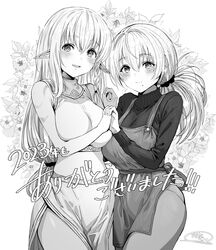  2girls absurdres apron blush boroboro_no_elf-san_o_shiawaseni_suru_kusuri_uri-san braid breasts commentary_request cowboy_shot ear_blush elf floral_background gibagiba greyscale hair_tie highres holding_hands hole_in_ears interlocked_fingers large_breasts long_hair looking_at_viewer low-tied_long_hair midriff mole mole_under_mouth monochrome multiple_girls navel original pointy_ears ponytail reszurre sayama_saho_(gibagiba) scar_on_shoulder signature skirt sleeveless smile sweater thighs translation_request 