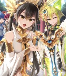  4girls animal_ears bare_shoulders blonde_hair blue_eyes breasts bridal_gauntlets brown_hair cat_ears crop_top detached_sleeves double-edged_sword_(yu-gi-oh!) duel_monster fox_ears fox_tail green_eyes green_hair green_nails ha-re_the_sword_mikanko highres holding holding_sword holding_weapon hu-li_the_jewel_mikanko long_hair medium_breasts midriff mouse_ears multiple_girls ni-ni_the_mirror_mikanko nm_(tshell2761) oerba_yun_fang ohime_the_manifested_mikanko one_eye_closed outdoors pelvic_curtain red_eyes red_hair short_hair short_hair_with_long_locks short_shorts shorts sidelocks skin_fang smile sword tail very_long_hair weapon yellow_eyes yellow_nails yu-gi-oh! 