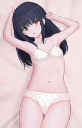  :o arms_up bed_sheet black_hair bow bow_bra bra breasts brown_eyes commentary crotch_seam female from_above highres lace-trimmed_bra lace_trim long_hair looking_at_viewer lying navel on_back on_bed original panties polka_dot polka_dot_bra print_panties shooko small_breasts solo thigh_gap underwear underwear_only white_bra white_panties 