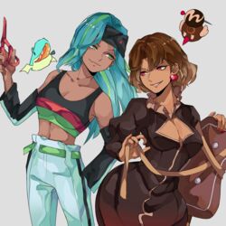  2girls aqua_hair black_dress black_headband blush brown_hair center_frills chocolate_bonbon_cookie cookie_run dark_skin dress earrings food-themed_earrings frills green_eyes headband highres humanization jewelry long_hair multicolored_hair multiple_girls navel personification red_eyes round_eyewear short_hair smiter-jedd sour_belt_cookie 