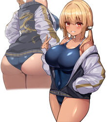  ass black_jacket blonde_hair blue_one-piece_swimsuit blush breasts commentary_request competition_swimsuit covered_navel dark-skinned_female dark_skin dragon_print female gyaru hair_ornament hand_in_pocket heart heart_hair_ornament jacket kihou_no_gotoku_dmc kogal large_breasts long_sleeves looking_at_viewer medium_hair multiple_views one-piece_swimsuit original print_jacket red_eyes simple_background sleeves_past_wrists smile sukajan swimsuit thighs twintails white_background white_sleeves 