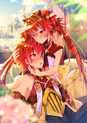  1boy ahoge babydoll back_bow bare_shoulders black_pants blurry blush bow breasts closed_mouth depth_of_field earrings fate/grand_order fate/grand_order_arcade fate_(series) female highres husband_and_wife jewelry light_particles long_hair open_mouth orange_eyes orange_hair pants rama_(fate) satoimo_(3311_mi) sita_(fate) sleeveless small_breasts smile sweat twintails white_babydoll yellow_bow 