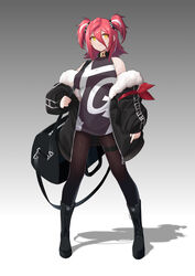  absurdres armband bag boots duffel_bag female highres hololive hololive_china jacket multicolored_hair open_clothes open_jacket pantyhose red_armband red_hair shadow short_hair simple_background sleeveless smile solo spikes standing streaked_hair thigh_strap twintails two-tone_hair virtual_youtuber white_hair yellow_eyes yogiri_(hololive) z-jun.dd-zhong 