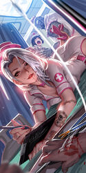  2girls arm_tattoo ashe_(overwatch) ass belt blood blood_on_face blood_on_hands bob_(overwatch) dress dutch_angle earrings english_commentary hat highres holding holding_pen indoors infirmary jewelry liang_xing looking_at_viewer lying mole mole_above_mouth multiple_girls nurse nurse_cap on_stomach overwatch parted_lips patreon_username pen pink_belt pink_headwear red_eyes short_hair solo_focus tattoo web_address white_dress white_hair 