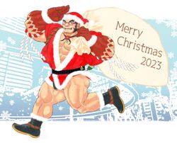  1boy 2023 :d abs alternate_costume ass bad_id bad_twitter_id bara bulge_peek christmas facial_hair from_side full_body fur-trimmed_headwear fur_trim glasses hachimaki hairy hat headband inactive_account large_hands large_pectorals looking_at_viewer male_focus mature_male merry_christmas muscular muscular_male nejiri_hachimaki no_pants pectoral_cleavage pectorals red_headwear sack salute santa_costume santa_hat short_hair smile solo sparse_chest_hair sparse_leg_hair tajikarao_(housamo) teriyaki_(gqtne7ymkx71079) thick_eyebrows thick_thighs thighs tokyo_afterschool_summoners tusks 