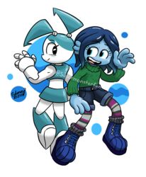  2023 4_fingers adolescent alpha_channel android anthro biped blue_body blue_boots blue_bottomwear blue_clothing blue_footwear blue_hair blue_shorts blue_skin blush blush_lines boots bottomwear clothed clothing crossover digital_drawing_(artwork) digital_media_(artwork) dreamworks duo edimay eyelashes female fingers footwear green_clothing green_sweater green_topwear hair jenny_wakeman kraken looking_back machine metallic_body my_life_as_a_teenage_robot narrow_hips nickelodeon open_mouth open_smile outline robot ruby_gillman ruby_gillman_teenage_kraken shorts signature simple_background smile sweater teal_eyes thin_calves thin_legs thin_thighs topwear transparent_background watermark white_body young 