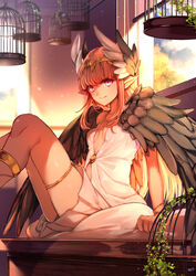  birdcage black_wings blue_eyes breasts cage circe_(fate) closed_mouth desk dress fate/grand_order fate_(series) feather_hair_ornament feathers feet_out_of_frame female hair_ornament headpiece highres knees_up large_wings legs looking_at_viewer on_desk pink_hair pointy_ears satoimo_(3311_mi) sitting small_breasts smile solo white_dress wings 