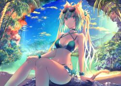  ahoge alternate_costume alternate_hairstyle animal_ears atalanta_(fate) bikini breasts bright_pupils closed_mouth eyewear_on_head fate/grand_order fate_(series) feet_out_of_frame female green-framed_eyewear green_bikini green_eyes green_hair kaze_minoru_so-ru knees_together_feet_apart legs looking_at_viewer medium_breasts outdoors palm_tree rock sitting sitting_on_rock sky solo sunglasses swimsuit tail tree twintails water waterfall white_pupils 